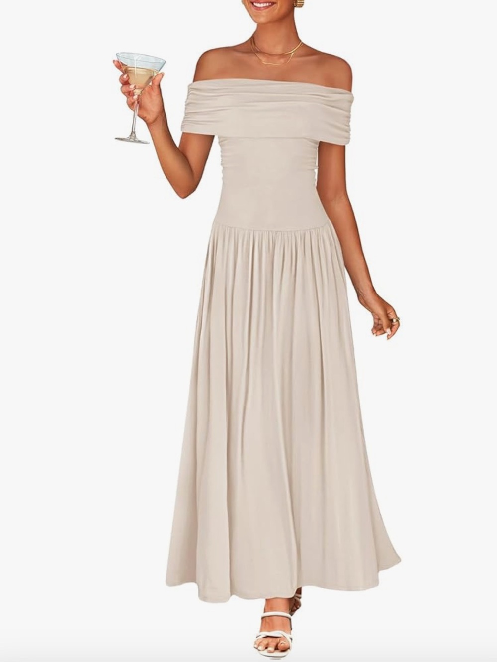Off-the-Shoulder Maxi Dress in Soft Taupe
